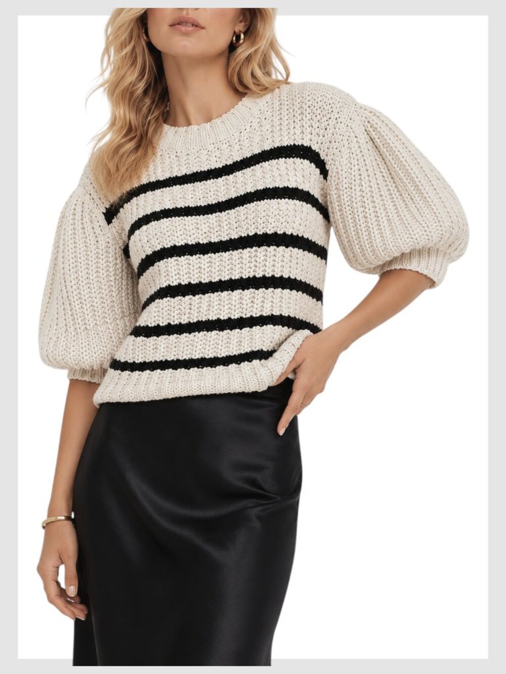 Cropped Puff Sleeve Striped Knit Sweater Cream Black Size M